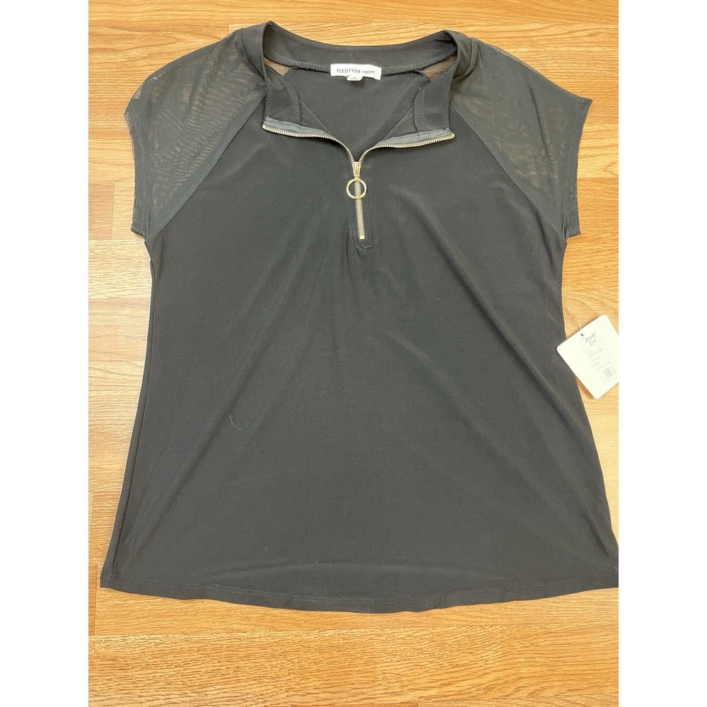 Perseption Concept‎ Short Sleeve Zip Collar Blouse Black Size Small NEW